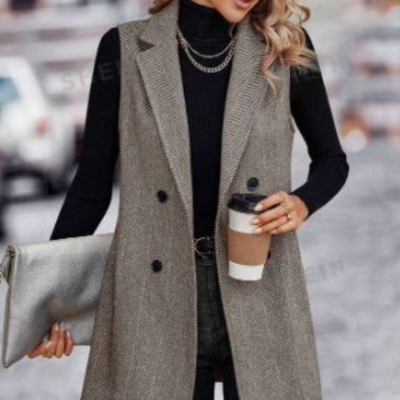 Jackets & Blazers - Herringbone Lapel Neck Double Breasted Vest Blazer